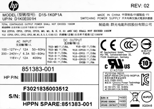 HP 851383-001 D15-1K0P1A 1000W G4 Z4 Z6 Workstation - Photo 3/3