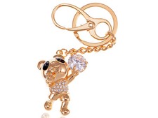 Gold Tone Happy Singing Panda Teddy Bear Crystal Rhinestone Keychain VTG