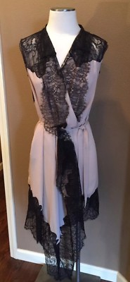 S Taupe Wrap Robe Size Medium W Wide Black Lace Trim & Back