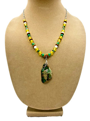Woman Ladies GreenYellowBrownWhite Necklace GreenBrownMarble Jasper Pendant