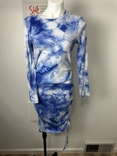Shein Blue White Cloud Tie-Dye Ribbed Body Con Dress - Size L