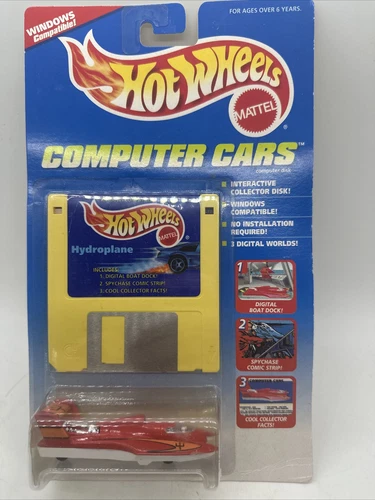 HOT WHEELS COMPUTER CARS HYDROPLANE, + FLOPPY DISK, NEW ON CARD #15456  VINTAGE!