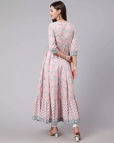 Indian Women Beautiful Cotton Floral Printed Flared Kurta Kurti New Long Dress - Picture 4 of 7