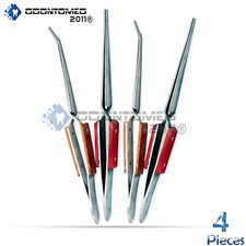Set of 4 Cross Lock Fiber Grip Tweezers Self Closing 6-1/2" Bent  Straight Tip
