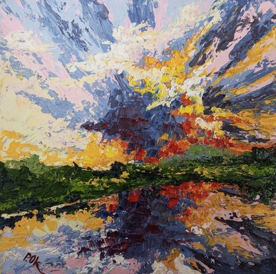 Reflective Colors Sunset Original Contemporary Oil Painting Landscape Artwork