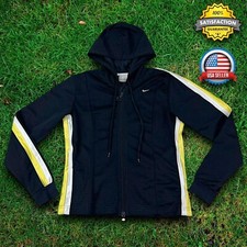 Nike WOMENS SM Lightweight Mesh Hooded Jacket Side Stripe Full Zip Navy Blue EUC