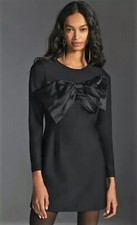Hutch Anthropologie Black Satin Bow Mini LBD Dress Long Sleeves UK 10 (US 6) NEW