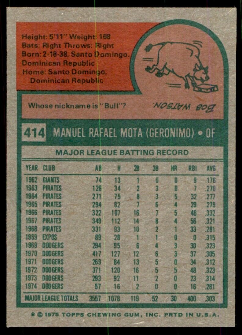  1975 Topps # 414 Manny Mota Los Angeles Dodgers (Baseball Card)  NM/MT Dodgers : Collectibles & Fine Art