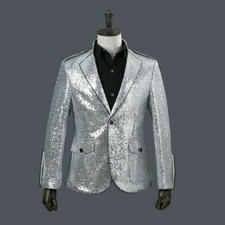 Men Sequins Suit Jacket Blazer Tuxedo Top Showman Costume Prom Fancy Dress Shiny