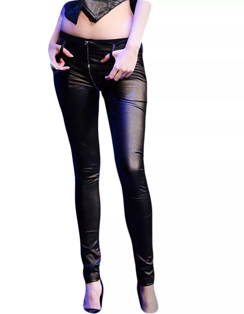 Women PU Leather Slim Full Zipper Crotch Leggings Stretchy Pencil Pants  Trousers