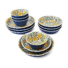 Tranquil Elegance Floral 12 Piece Bowl Dinnerware Set, Service for 4, Blue