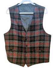 Men's Waistcoat Red plaid Tartan 44L Wool dress vest Academia Rockabilly Grandpa