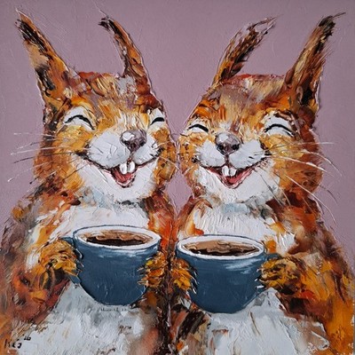 Original Ölgemälde von zwei Eichhörnchen genießen Kaffee, Tierkunst, 6 x 6 Zoll