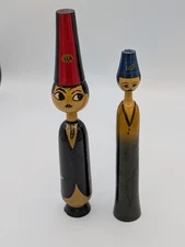 Vintage RARE Egyptian Folk Art Spindle Wooden Bobbin Dolls Set Of 2  Handmade...