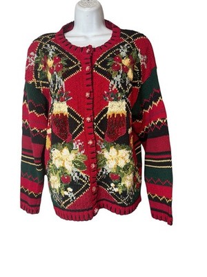 VTG 90s Fashion Bug Holiday Chunky Knit Embellished Cardigan Sweater Small