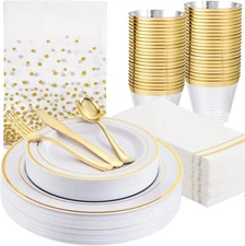 176 Pieces Gold Dinnerware Disposable - White and Gold Plastic Plates Include...