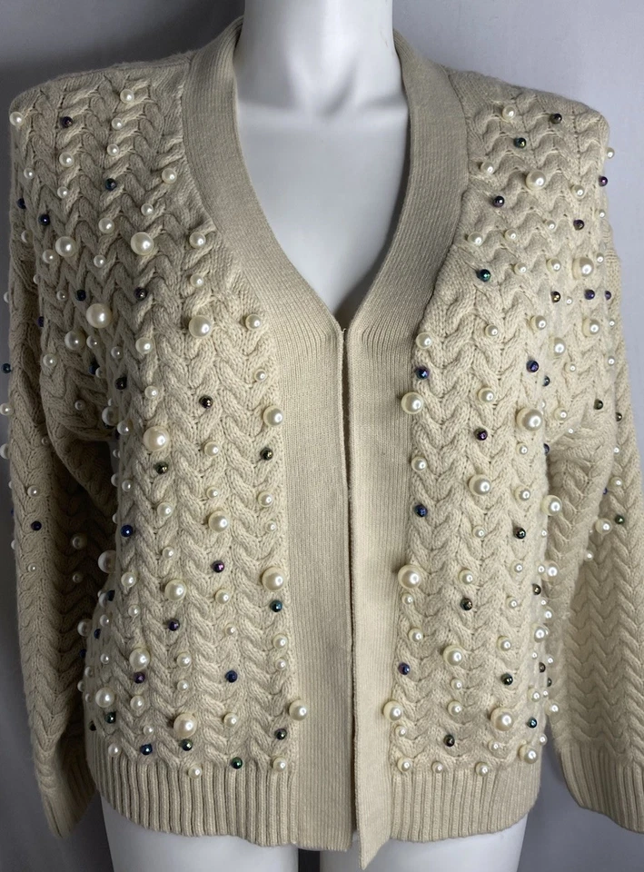 Boston Proper Pearl Embellished Cardigan Sweater Beige Size L - Image 3 of 4