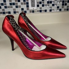 Vtg Betsy Johnson NY Pumps Red Metallic Chain Ankle Strap Shoe Sz 6 Pointed Toe