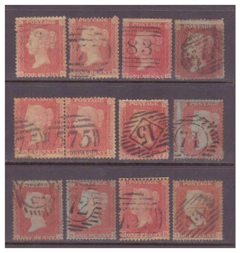GB QV 1854-1857 1d red Stars x 12 stamps Used