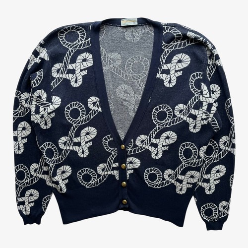 Aquascutum, Vintage 80s Women's Aquascutum Nautical Patterned Navy Cardigan, Sailing Jumper