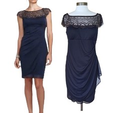 Xscape Beaded Sheath Cocktail Sheath Dress Size 14 Navy Blue Shirred Bodycon