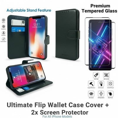 Leder Flip Wallet Case Hülle + Displayschutz für alle iPhone 17, 16, 15, 14