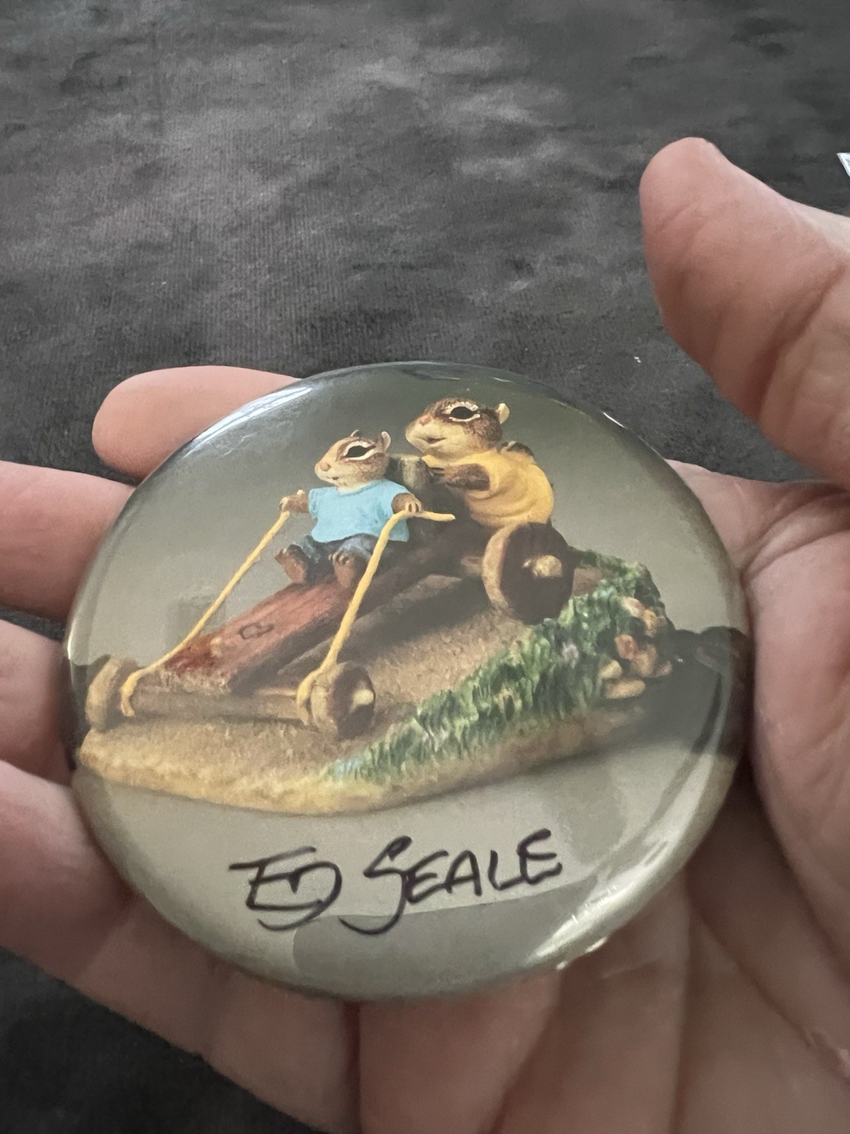 Vintage Hallmark 3” SoapBox Racer Pin Back Button. Artwork By Ed Seal. ￼