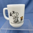 Vintage Anchor Hocking Fire King Snoopy Milk Glass Mug At Times Life is Pure Joy