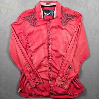 Roar Rio Shirt Mens XL Red Pink Tribal Embroidery Western Button Up