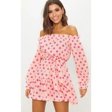 PrettyLittleThing Pink Polka Dot Bardot Tie Waist Off Shoulder Dress Medium