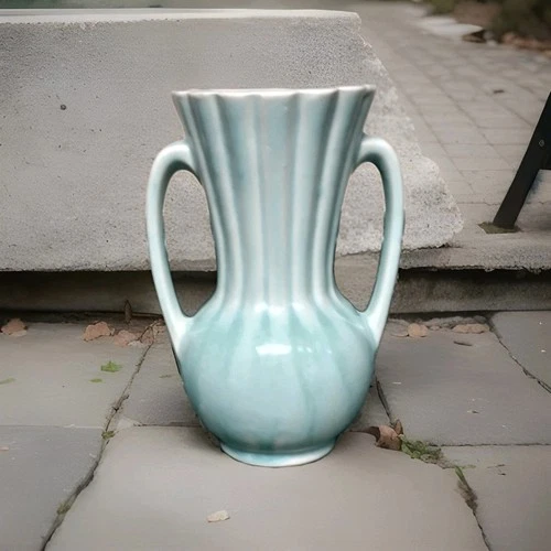 Vintage Light Blue Double Handled Brush McCoy Pottery Vase Art Deco