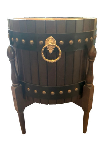 Vintage Mid Century Elevated Wooden Barrel Planter Pot—Karimoku Japan Furniture - Imagen 9 de 9