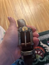 VTG 90's BRIGHTON Brown Leather Belt L Croc Embossed Coins, silver  gold Museum