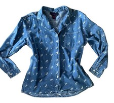 Camisa Denim & Co. Azul Denim Floral Bordada Cuello Abotonado Manga Larga L
