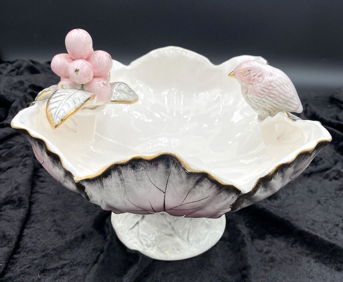 Vintage (1950s) Ucagco Pedestal Cabbage Bowl, Bird & Berries, Pink/Grey/Gold