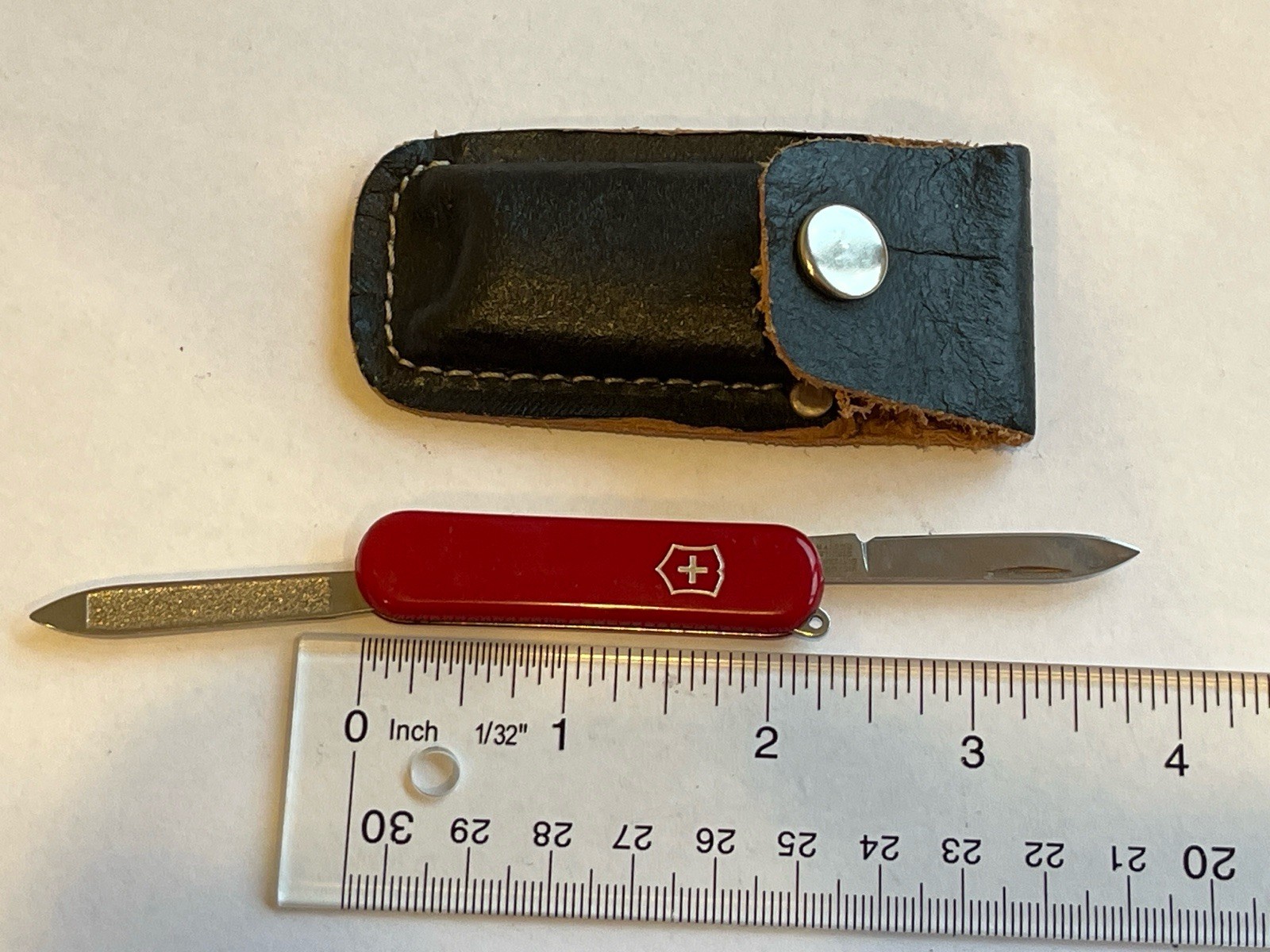 Vintage Victorinox Red 2-Blade Swiss Army Knife with Black Leather Case 58mm