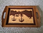 Mid Century Marquetry Wood Inlay Landscape Design Serving Tray w/Handles & Info. — photo 3