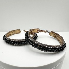 Vintage 90s Black Bead Clear Rhinestone Large Hoop Earrings Fashion Jewelry Y2K