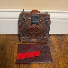 Antique Art Nouveau  Hand Tooled  Leather Handbag Purse and Wallet lot of 2