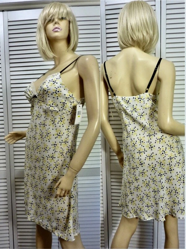 NUEVO CON ETIQUETAS $78 Vera Wang Camisón MEDIANO Marfil con Amarillo y Negro Floral K/L  Foto 3 de 4