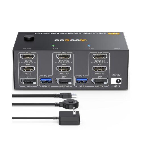 Triple Monitor KVM Switch 8K@60Hz 4K@144Hz HDMI+DP USB 3.0 Switch Extended Di...