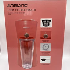 Ambiano Iced Coffee Maker w/22 oz Tumbler & Lid Reusable Filter 700Watt Pink NIB