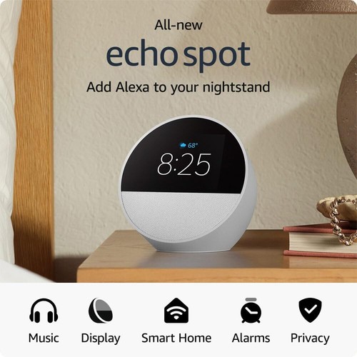 New 2024 Amazon Echo Spot 2nd Gen - Smart alarm clock w/ vibrant sound + Alexa - Picture 8 of 15