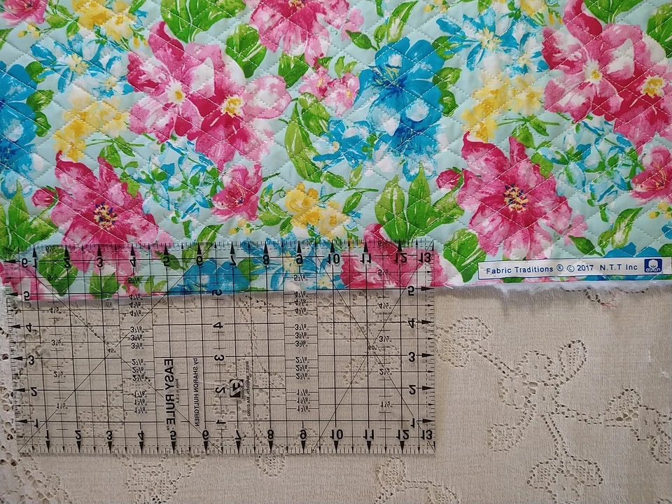 REMNANT Watercolor Floral Pre-quilted Double Sided fabric 20x17 Pink Blue Yellow - Image 2 of 3