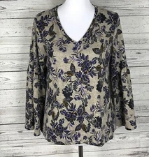 Counterparts Women's Tan Purple Floral V-Neck 3/4 Sleeve Knit Stretch Top Size M