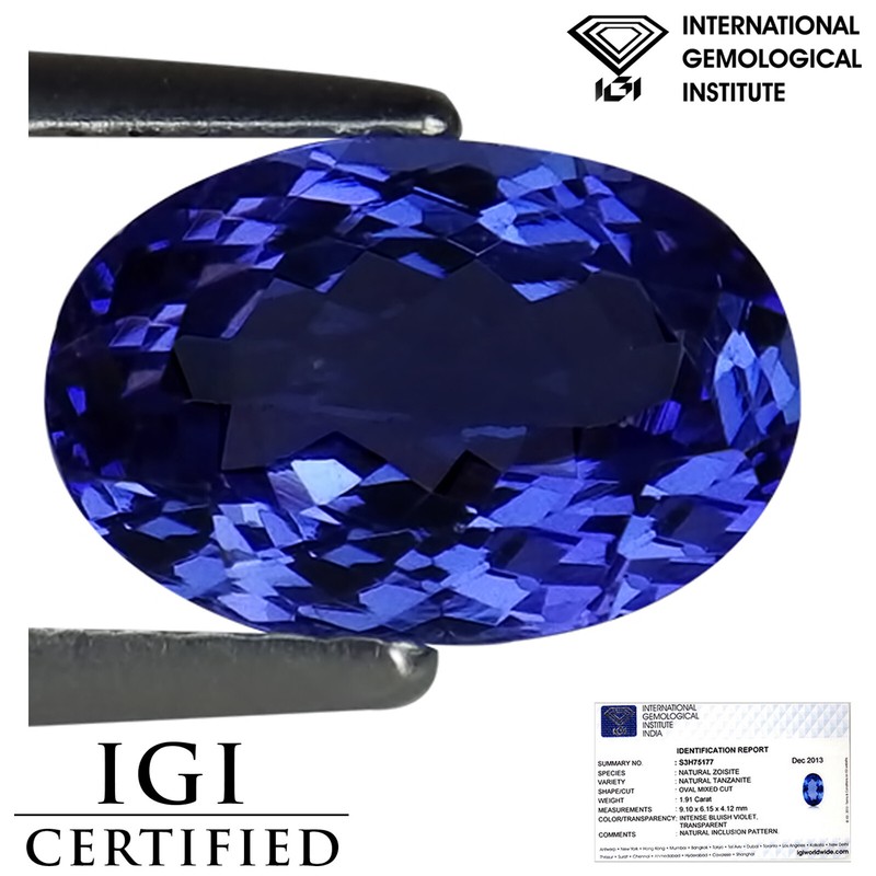1.91 Ct IGI Certified AA Natural Tanzanite Gemstone Bluish Violet Oval Cut