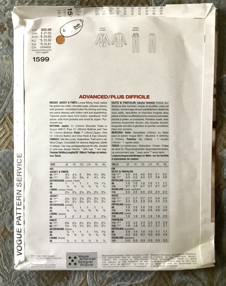 Vogue Designer Anne Klein I1 1599 Pattern - Career Jacket Pants Sz 14-16-18 UC - Image 2 of 3