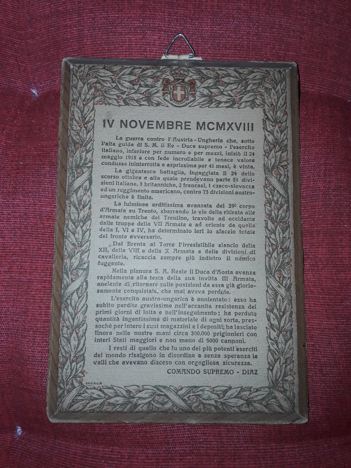 QUADRETTO:" IV NOVEMBRE MCMXVIII"- COLONIE PERMANENTI " UMBERTO DI SAVOIA"