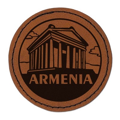 Armenia Garni Temple Country 2.5'' Leather Round Engraved Iron-On Patch - Brown