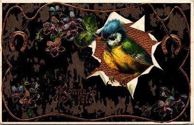 ''Bonne Fete'' Foreign/Gold Inlay/Blue Tit Bird/Gold Horse Shoe/Flowers/Moody-A106